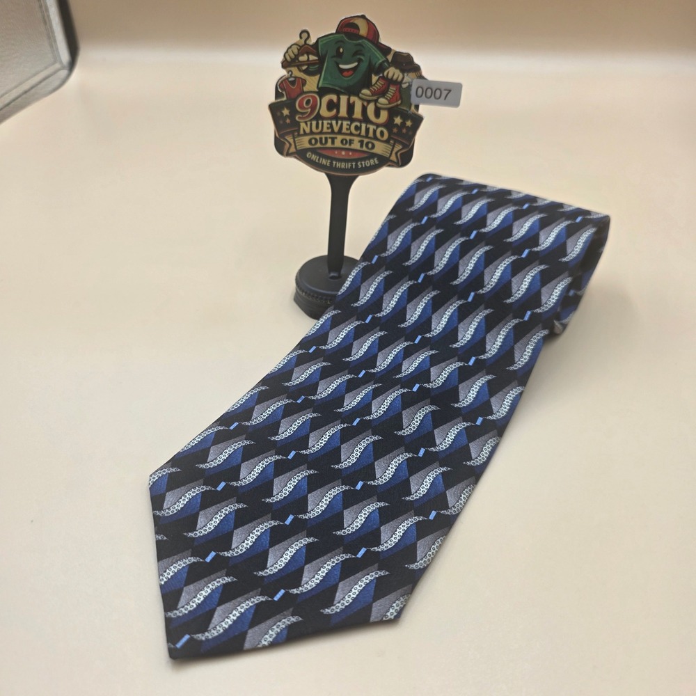 Louis Roth Mens Silk Necktie Blue Black Silver Geometric Abstract Made in USA